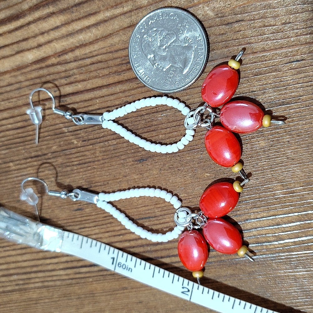 *5 For $20*Red and White Beaded Long Dangle Earrings / Handmade Ladies Earrings - Picture 3 of 5